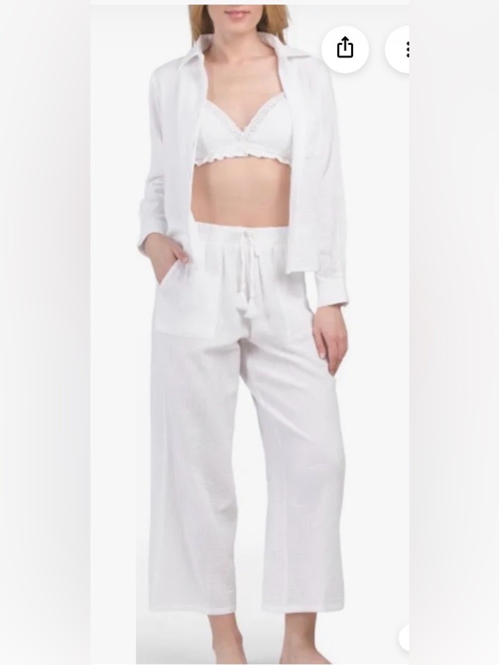 Women’s White Cotton Waffle Weave Pajama set Wide-Leg Pants & Button Top, Sz M